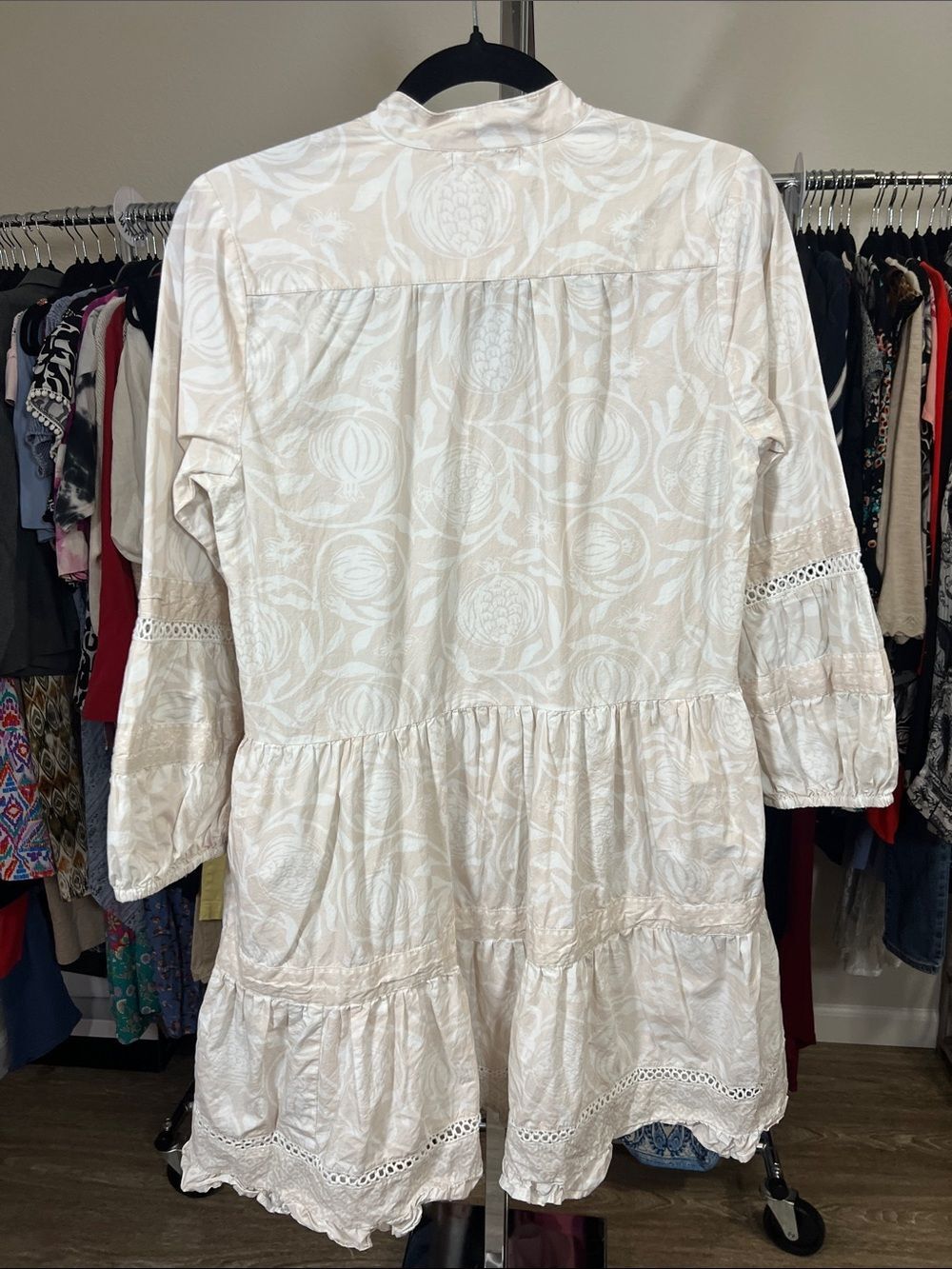 La Plage 100% Cotton Ivory and Beige Botanical Boho Dress Sz Small - Picture 4 of 7